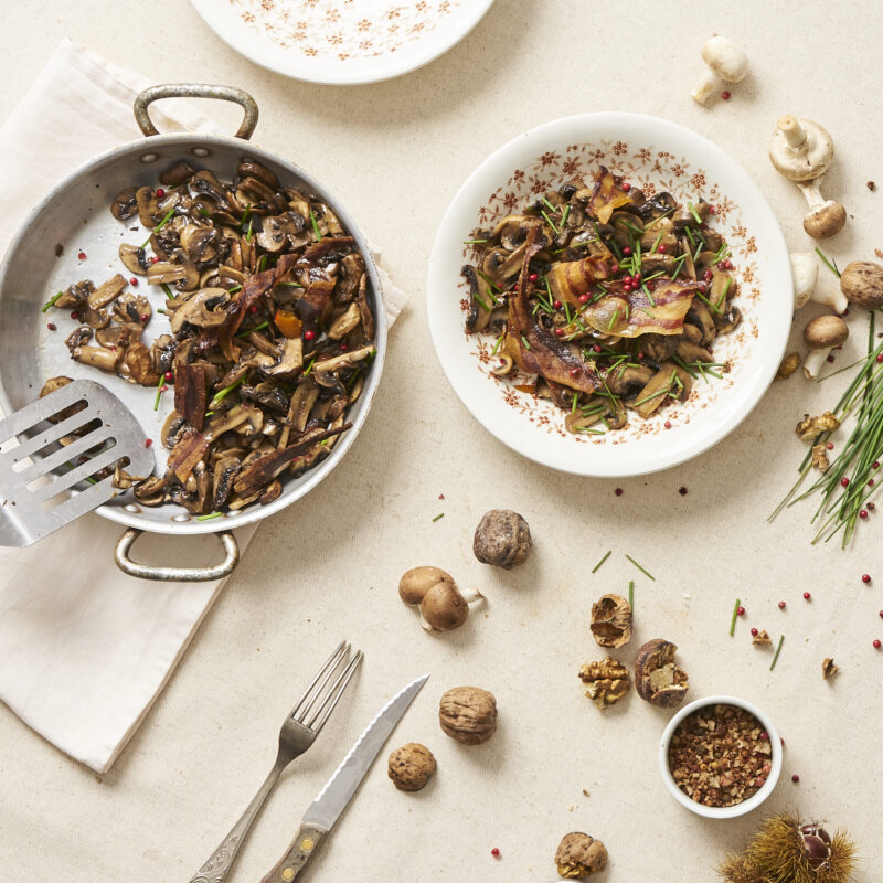 Poêlée de champignons et ventrèche de porc noir de Bigorre AOP Herbae Recettes